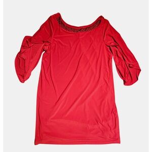 Avenue Beaded Neck Flare Sleeves Tunic Dress Scoop Back Red Womens 22/24 NWT‎